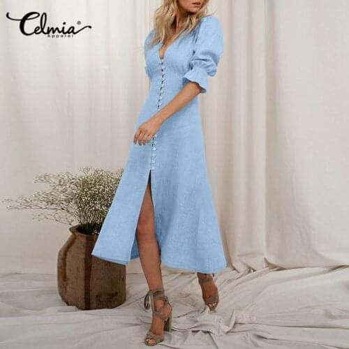Celmia Women 2021 Summer Midi Dress Thin Cotton Single Breasted Slim Vestidos Sexy Deep V Neck Puff Short Sleeve Party Long Robe
