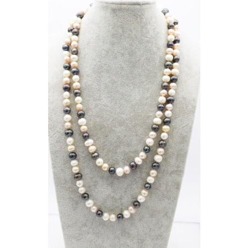 Frershwater pearl 7-9mm white/pink / black near round long necklace 45inch wholesale beads nature FPPJ woman 2018