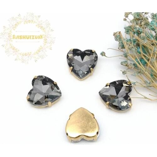 Hot sale Gray Heart Glass Crystal sew on rhinestones with gold claw Diy wedding dress accessories Free shipping