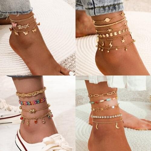 Boho Shell Star Chain Ankle Bracelet Set For Women Starfish key Butterfly Charm Anklet On Leg Foot 2021 Jewelry Accessories