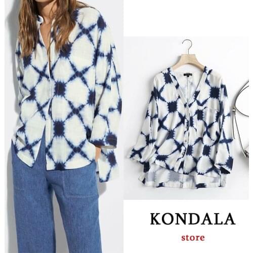 KONDALA Women Chiffon Casual Plaid V Neck Shirts Za 2021 Oversized Vintage Single Button Blouses Elegant Mujer Tops