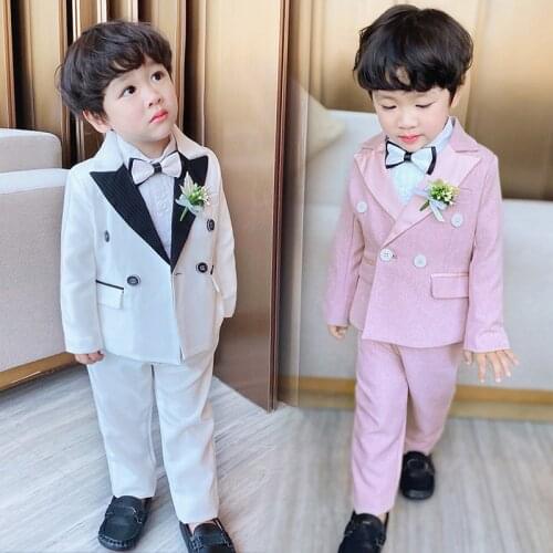 Flower Boys White Jacket+Pants 2Pcs Clothing Set Gentleman Kids Formal Wedding Suit Childrens Day Performance Graduation Dress