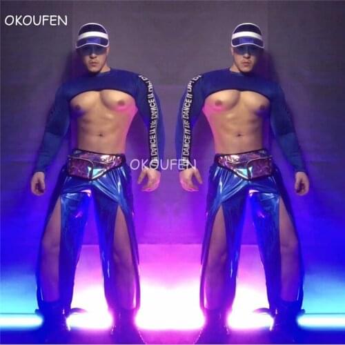 Man Sexy Hip Hop Jazz Dance illusion Blue Costumes suit Nightclub DJ Pole Dancing Performance Party Show Dance wear