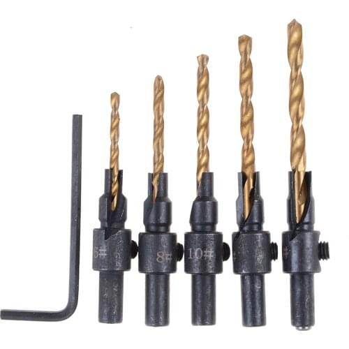 5Pcs Countersink Drill Woodworking Bit Set Drilling Pilot Holes For Screw Sizes #6 #8 #10 #12 And #14