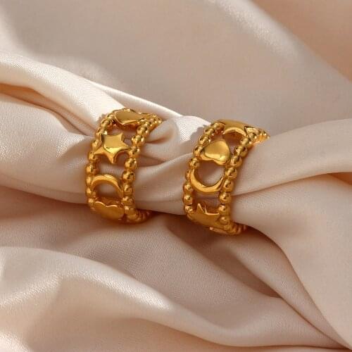 2021 New Jewelry Design Hypoallergenic Girls Sweet Star Moon Heart Bold Hoop Earing 18K Gold Plated Stainless Steel Earrings