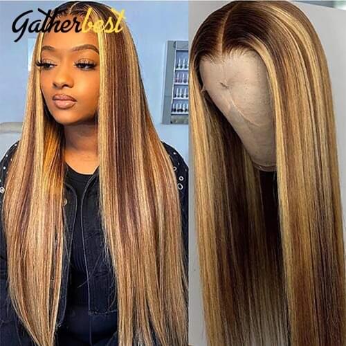 Ombre Honey Blonde 150 Density Human Hair Wigs Human Hair Ombre P4/27 Straight Highlight Lace Front Wigs 100% Raw Remy hair