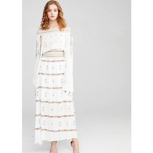 OrGypsy Summer Dress Women 100% Rayon Stars Embroidery Off The Shoulder White Maxi Dress Boho Long Sleeves Dresses Vestidos