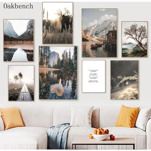 Landscape Art Poster Mountain Lake Canvas Print Dead Tree Reed Posters Sunset Painting Nordic Wall Picture For Living Room Decor