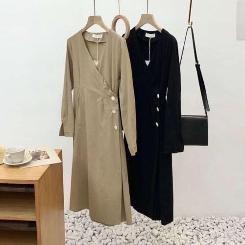 2021 Midi Dress Women Long Sleeve Shirt Dress Back Lace Up Bow V-neck Slim Party Vestidos Solid Color Korean Fashion