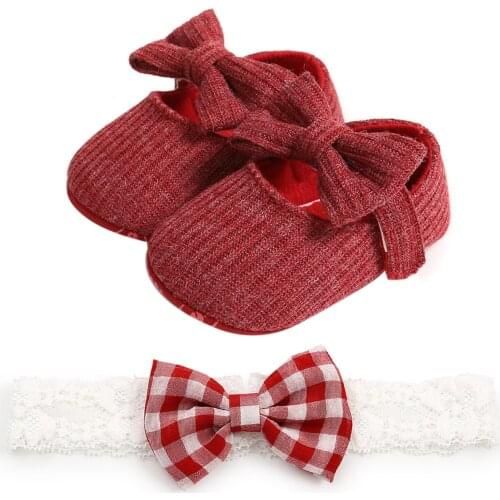 Pudcoco Baby Girls Shoes and Headband Solid Color Anti-Slip Shoes+ Plaid Bowknot Headwear 2 Piece Set Woolen Princess Shoes