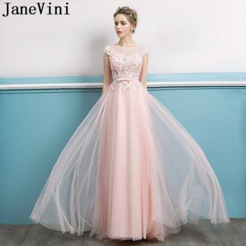 JaneVini Pink Long Bridesmaid Dresses with Sleeves Lace Appliques Sequined A Line Sweep Train Backless Tulle Formal Prom Gowns