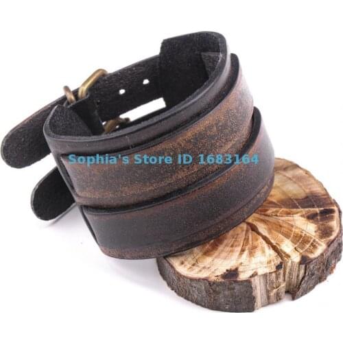 S549 Fashion Jewelry Vintage Brown Cool Punk Biker Style Double Band Mens Leather Bracelet Wristband Wide Cuff