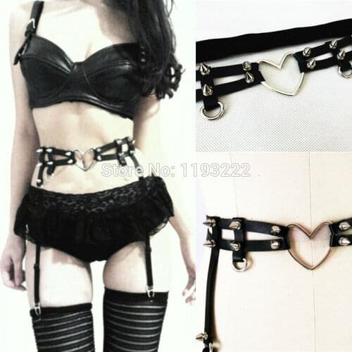 Sexy Lolita Handmade Double Studded Double Row Leather Heart Waist Harness, Large Big Heart Garter Belt Suspenders Waist BELT