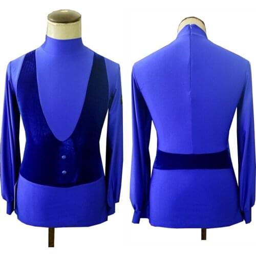 Latin Dance Men Long Sleeves Velvet Tops Royal Blue Professional Competition Wear Male Adult Tango Performance Outfit VDB2594