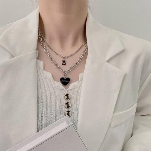 U-Magical Gothic Double-Layer Black Love Heart Pendant Necklace for Women Little Bear Chunky Chain Metal Necklace Jewellery