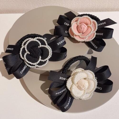 Women Scrunchies Band Flower Floral Fabric Dropship Girl Bow Hair Ties Accessories Vintage Bulk Wholesale Rubber Bands Black