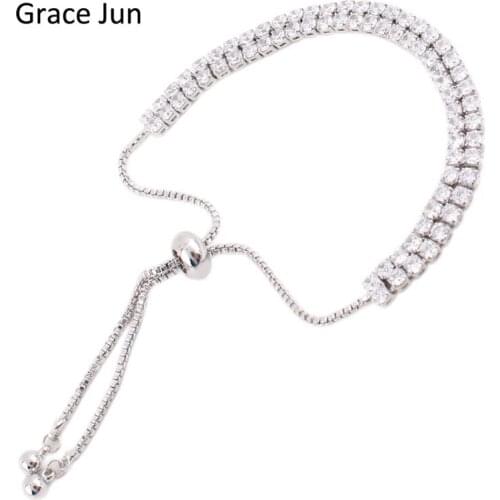 Grace Jun(TM)2 Colors Choose Fashion 2 Rows Cubic Zirconia Tennis Bracelet for Women Party Charm Adjustable Bracelet Bijoux Gift
