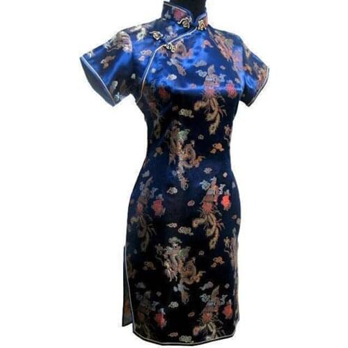 Navy blueTraditional Chinese Classic Dress Mujere Vestido Womens Satin Cheongsam Mini Qipao Size S M L XL XXL XXXL 4XL 5XL 6XL