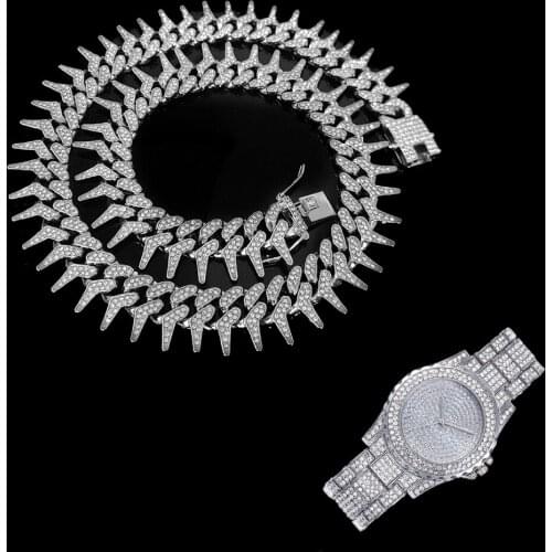 2pcs Kit 25MM Heavy Hip Hop Iced Out Cuban Thorns Link Full AAA Crystal Pave Necklace +Watch Bracelet for Men Jewelry