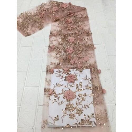 5yards/pc) Very beautiful glittering glued French net lace with sequins and 3D flowers peach African tulle lace fabric FZZ002