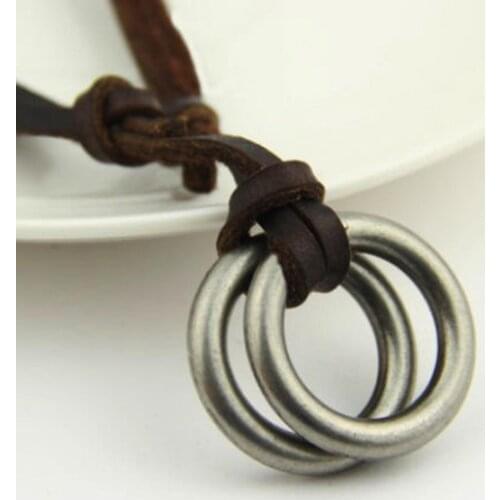 70% Hot Sell Mens Double Circle Ring Charm Pendant Brown Faux Leather Cord Necklace Gift