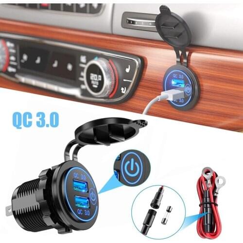 Quick Charge 3.0 Dual USB Car Charger 12V 36W USB Fast Charger with Switch for Boat Motorcycle Truck Golf Cart Blue