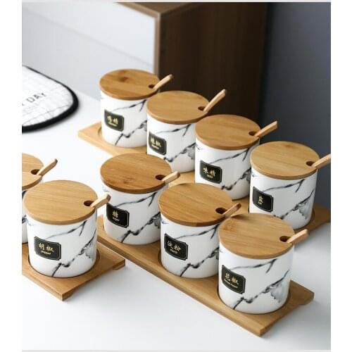 Kitchen Appliance Seasoning Jar Ceramic Spice Jar Set Marble Texture Pattern Cruet Bamboo Tray Kitchen Supplies