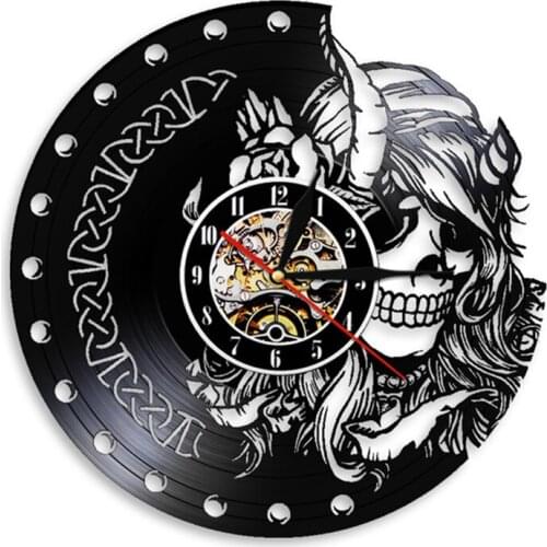 Mysterious Norse Magick Vinyl Record Silent Quartz Wall Clock Beauty Female Viking Skull Head Skeleton Girls Retro Hanging Watch