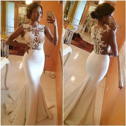 SuperKimJo Robe De Soiree Elegante Mermaid Ivory Evening Dresses Long Lace Applique Sleeveless Elegant Beaded Evening Gown