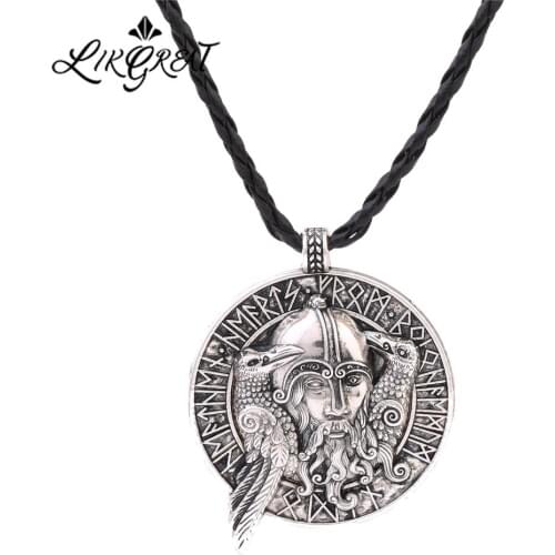 LIKGREAT Odin God Runes Round Pendant Necklace Crow Nordic Mythology Necklace Viking Vintage Supernatural Amulet Jewelry Gifts