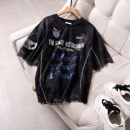 Lace Runway T-Shirt Fashion 2021 High Quality Designer Letter Print Tees Flower Embroidery Black Pink Casual T-Shirts