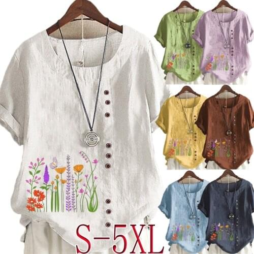 Summer Womens New Fashion O-neck Printed Short Sleeve Top Loose Linen T-shirt Casual Top S-5XL