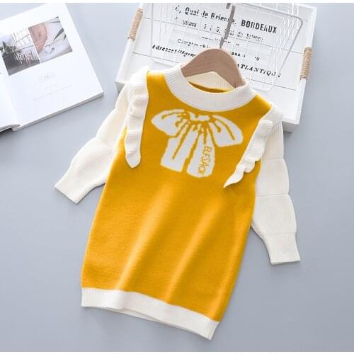LZH Kids Dresses For Girls Clothes Winter Children Long Sleeve Bow Knit Sweater Dress Autumn Toddler Girls Party Princess Dress