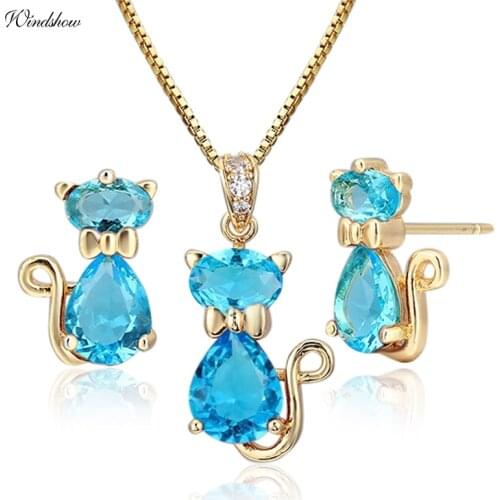 Cute Kitten Kitty Cat Gato Stud Earrings Pendant Necklace Sky Blue Crystal Gold Color Jewelry Sets For Women Children Kids Girls