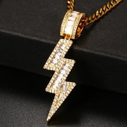 Fashion Chain Lightning Shape Pendant Necklace With Tennis Chain Charm Bling Cubic Baguette Mens Hip Hop Jewelry Rock Jewelry