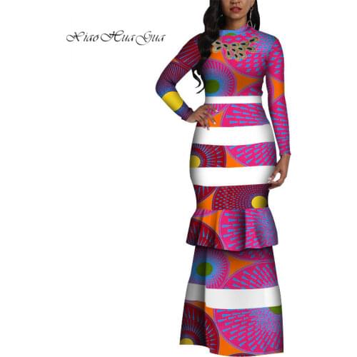 Fashion African Print Dress for Women Long Sleeve Bodycon Maxi Mermaid Dress Bazin Riche African Clothing Plus Size WY4410