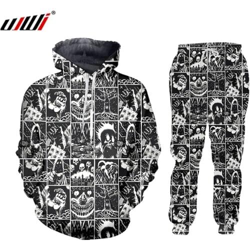 UJWI 3D Full Printed Black And White Comics Horror Hooded Jacket Pants Mens Custom Street Winter Suit Big Size Fashion Clothing