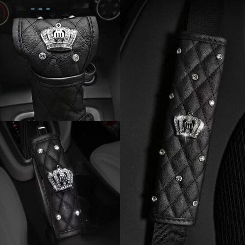 PU Leather Bling Crystal Diamond Car Seat Belt Cover Anti Slip Crown Shoulder Pad Hand Brake Shifter Covers Car Accessories