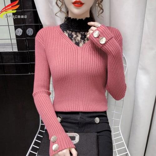 New 2021 Autumn Winter Lace Sweater Women Rib Cotton Turtleneck Long Sleeve Knitted Sweaters Pullovers Casual Ladies Tops Jumper