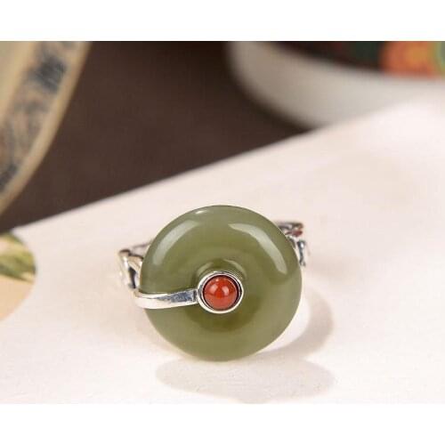 Original Special Ornament Silver Hetian Jade Gray Jade Ring Ancient Style Palace Style High-End Peace Buckle Womens Open Ring