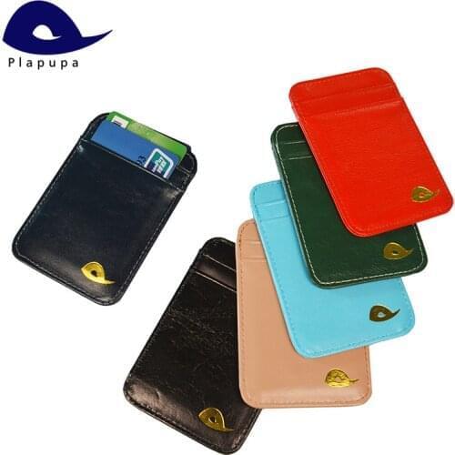 Plapupa 100% Genuine Leather Vertical Slim Card Holder with 5 pockets Glossy credit Round Corner Leather card case