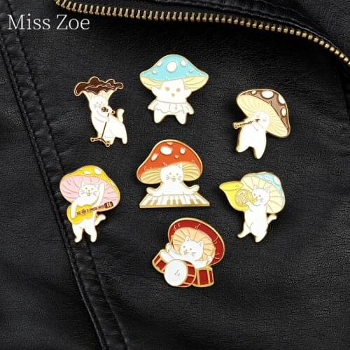 Custom Cartoon Mushroom Cat Playing Band Enamel Pin Piano Guitar Brooches Lapel Pin Badge Funny Cute Animal Jewelry Gift For Kid