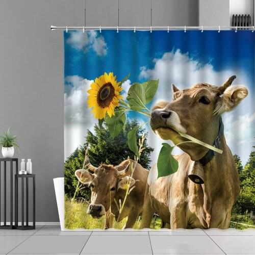 Animal Plant Landscape Shower Curtain Sunflower Cattle Printing Bath Curtains Home Bathroom Decor Screen Waterproof With Hooks