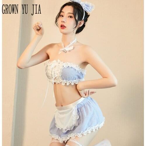 Sexy Lolita Maid Uniform Erotic Cosplay Costume Porno Womens Underwear Lattice Mini Skirt Sex Outfit Sweetown Lingerie Dress