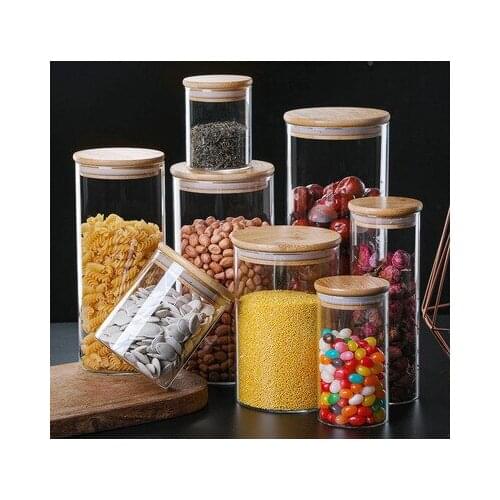 Glass Storage Tank Food Container Kitchen Bottles Bamboo Covered High Borosilicate Food Sealed Glass Home Storage Organization
