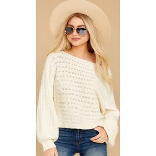 Autumn and Winter Knitted One-word Neck Sweater Solid Color Womens Lantern Sleeve Sweater Loose Casual Ladies All-match Top