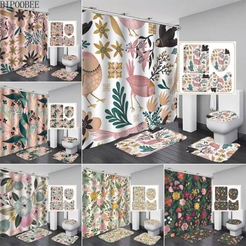 Plant Series Fabric Shower Curtains Bathroom Curtain Set Bird Flowers Printed Pedestal Toilet Cover Non-slip Rug Bath Mats Rugs