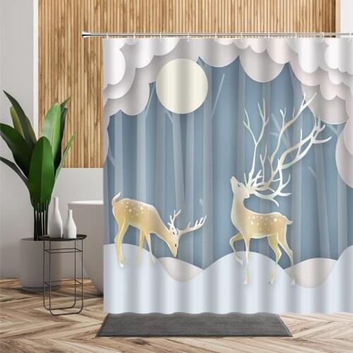 3D Threedimensional Forest Elk Shower Curtain European Style Simple Dream Animal Bathroom Decoration Waterproof Bath Curtain Set