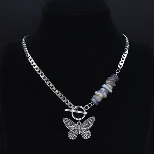 Punk Butterfly Stainless Steel Natural Flash Stone Necklace Chain Silver Color Bead Necklace Jewelry colgantes mujer NXS04