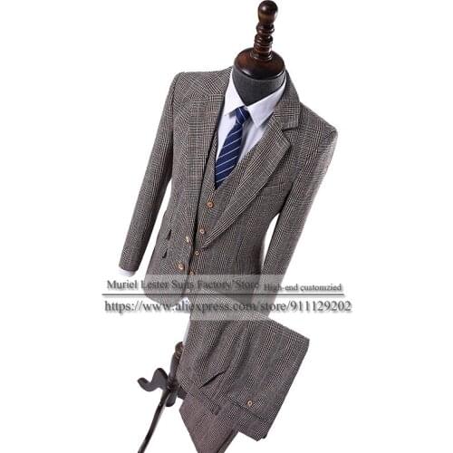 Vintage Classic Champagnes 3 Pieces Plaid Blazer Men Suits For Wedding Grid Party Peak Tuxedos Wide Shawl Lapel Coat Pant 2021